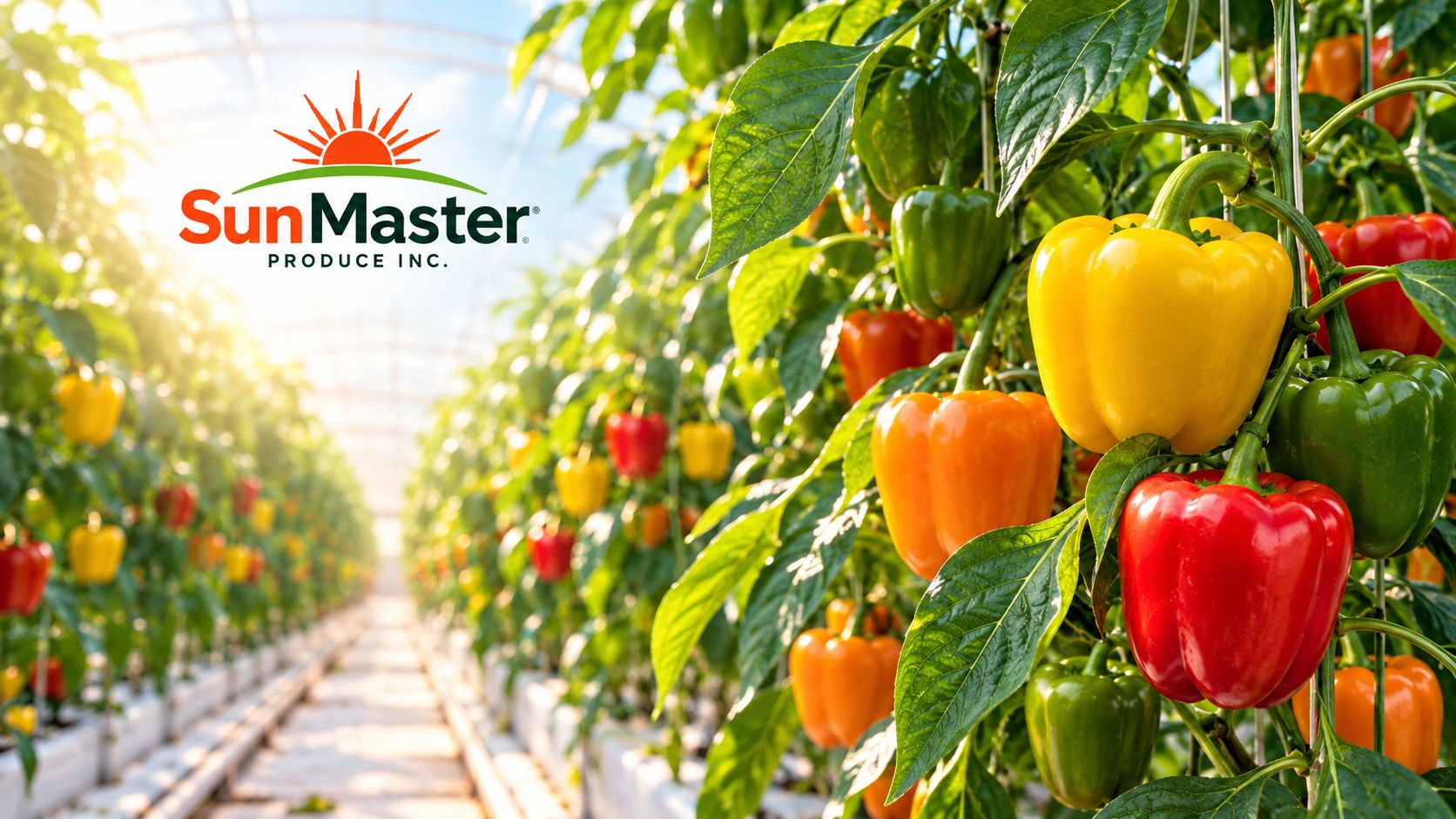 Red, yellow, orange and green bell peppers growing in a SunMaster greenhouse
