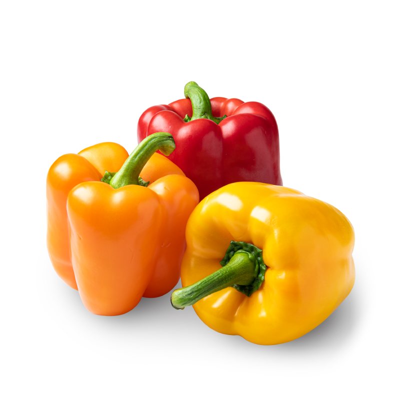 Red, orange and yellow bell peppers together